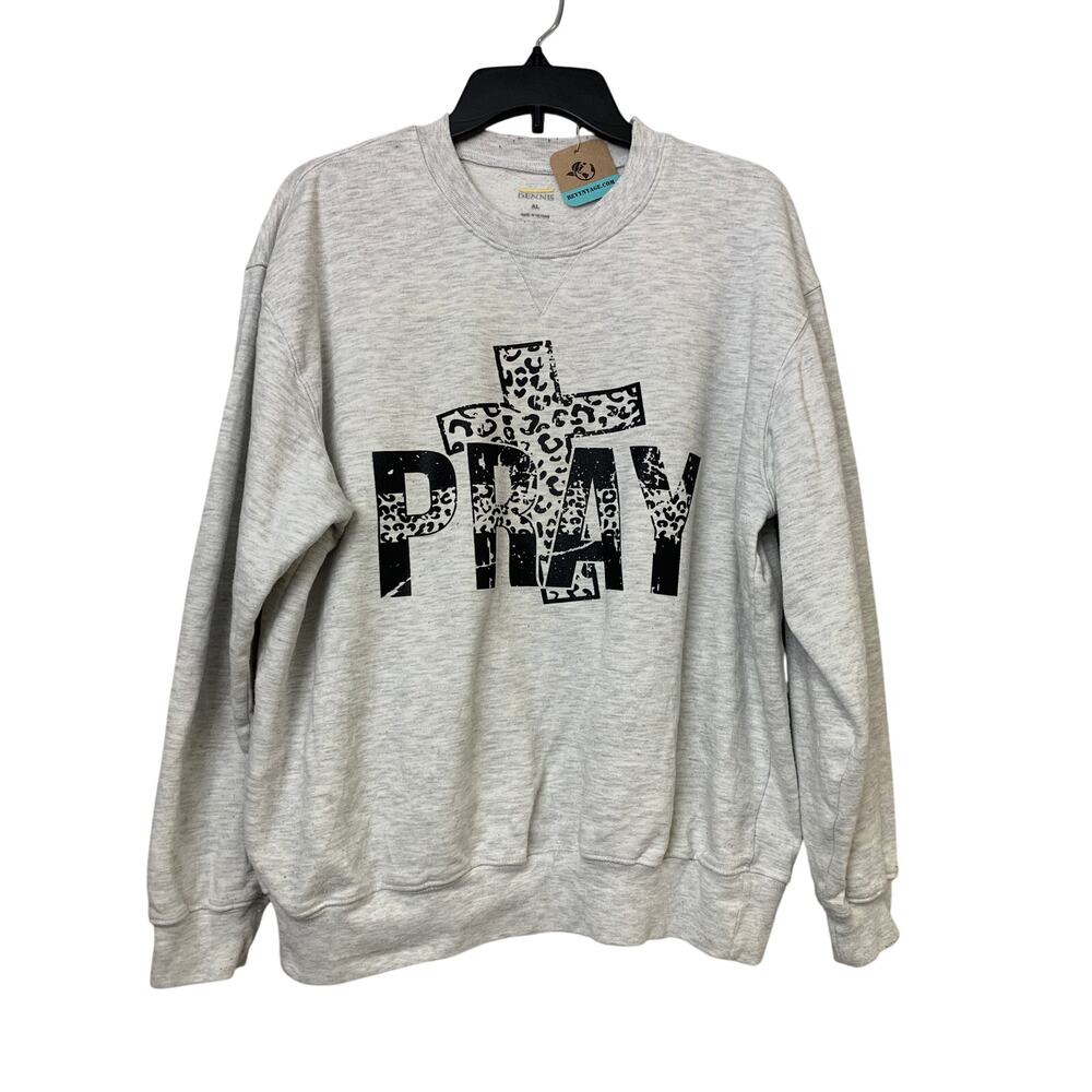 Hand Printed Upcycled Mens Large Gray Pray Crucifix Long Sleeve Sweatshirt